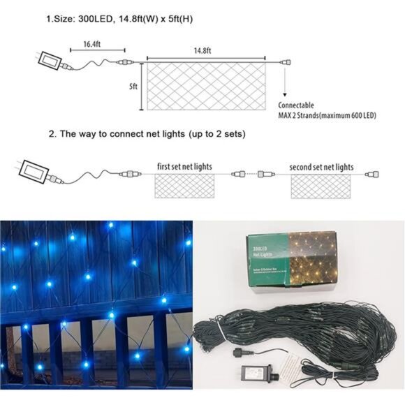300LED Blue Net Lights,14.8ftx5ft 8 Modes Connectable Christmas Mesh Lights - Picture 6 of 8